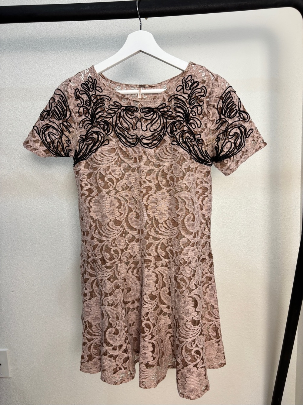 Free People Blush Lace Fit-and-Flare Dress with Black Embroidered Detail